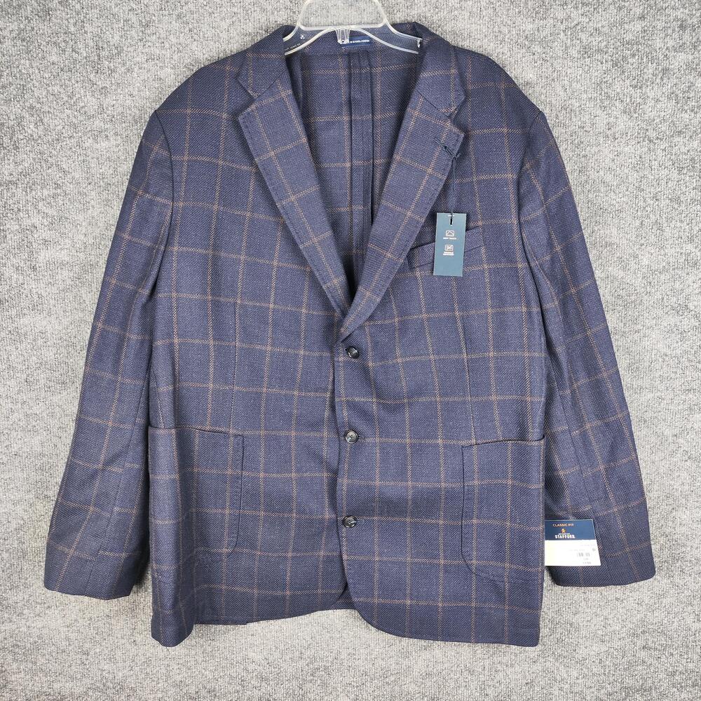 Stafford Sport Coat Mens 52R Blue Wool Cotton Windowpane Classic Fit Tweed